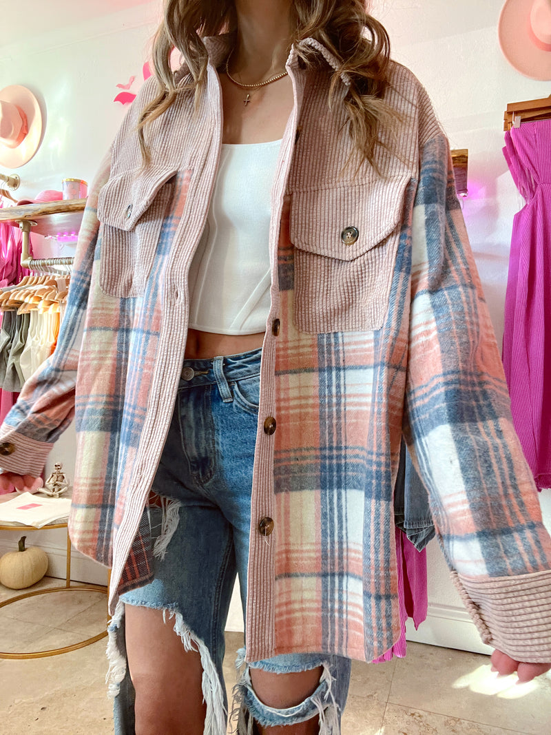 Pink Sugar Plaid Corduroy Shacket