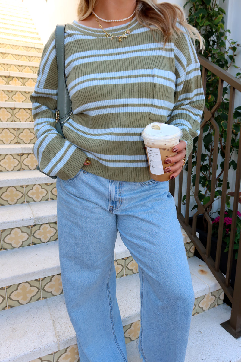 Matcha Please Green & Blue Stripe Sweater
