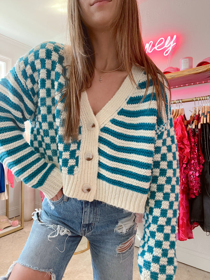 Teal City Checkered Cardigan