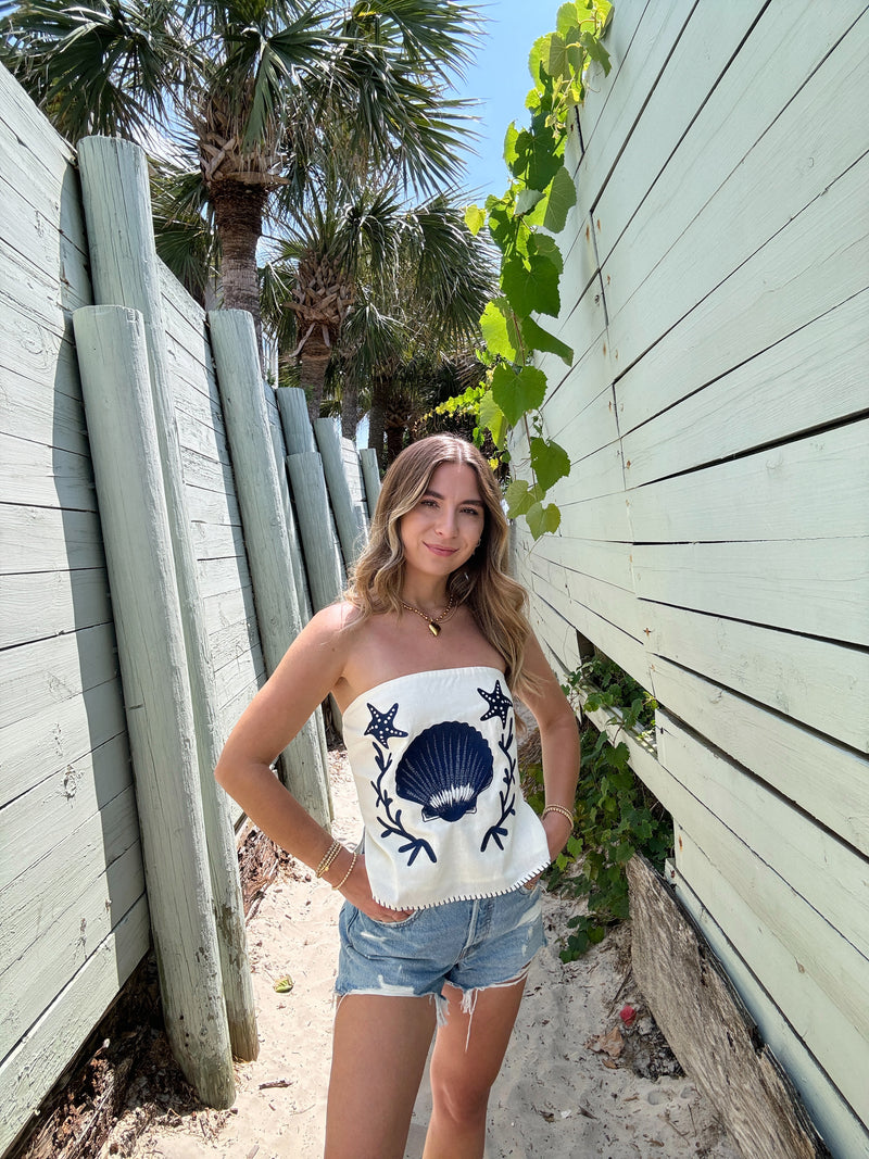 Shore Thing Embroidered Shell Linen Top
