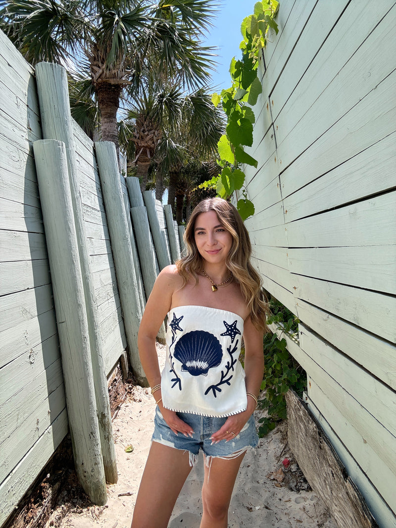 Shore Thing Embroidered Shell Linen Top