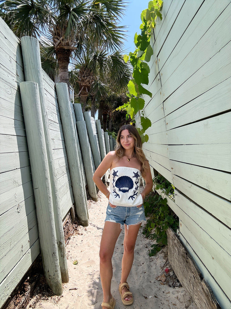 Shore Thing Embroidered Shell Linen Top