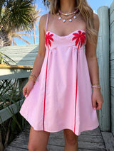 Keep Palm Embroidered Pink Linen Mini Dress