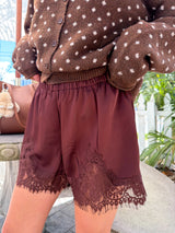Made You Blush Satin Lace Shorts - Brown