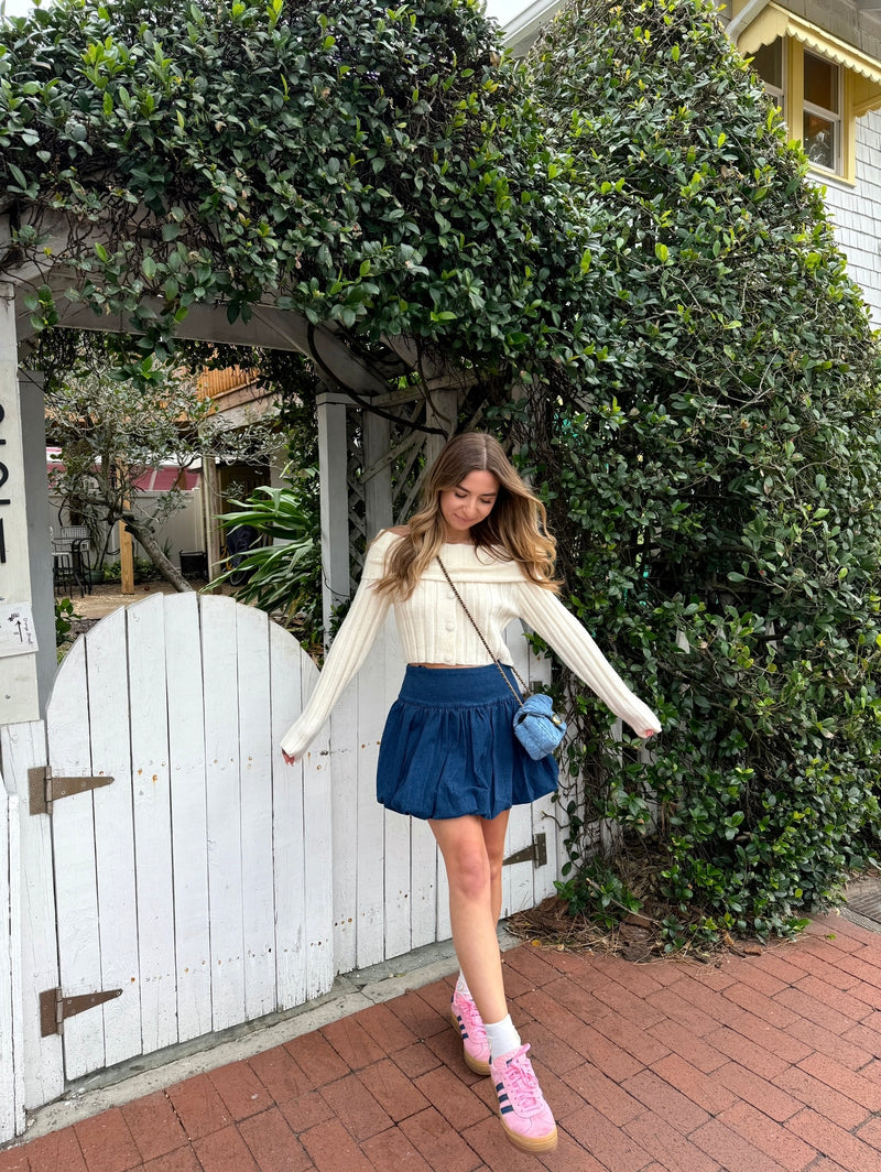 denim bubble skirt dress PASS THE BUBBLY DENIM MINI DRESS