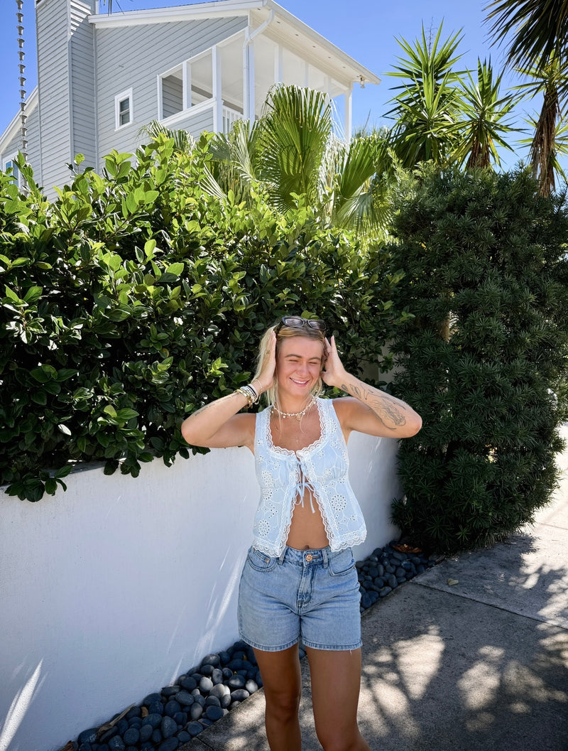 Something Blue Eyelet Front Tie Top