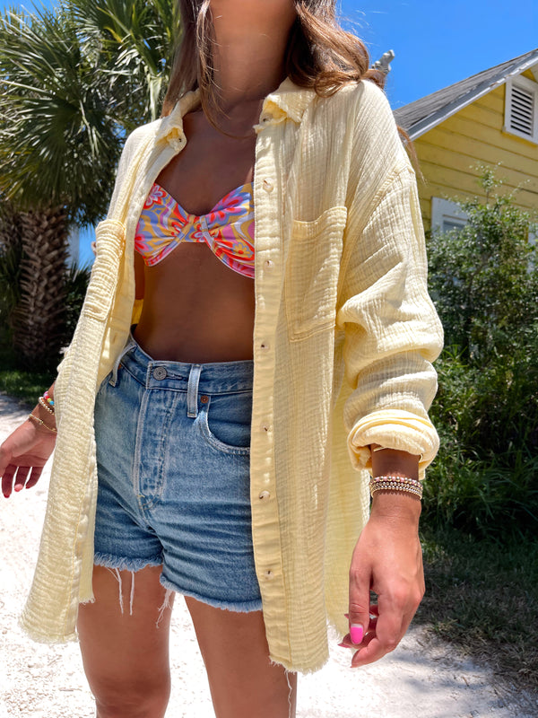 womens yellow cotton button up top