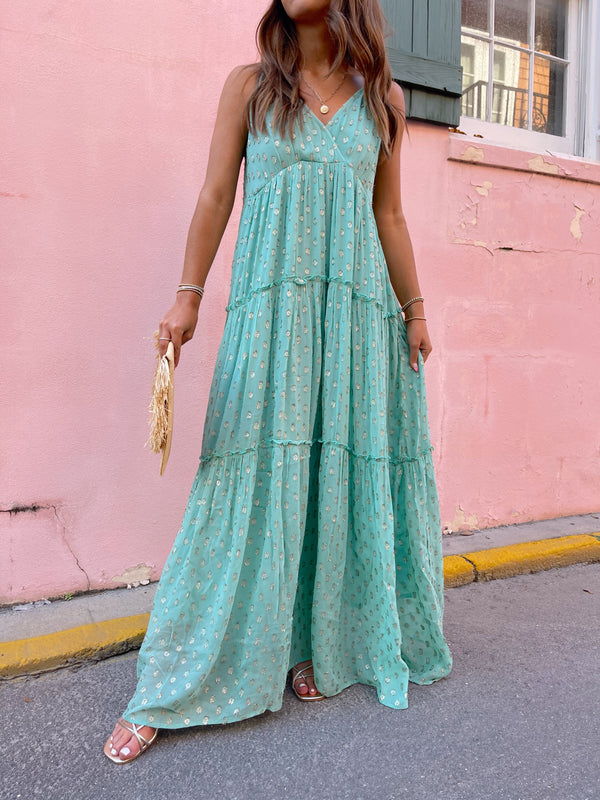 womens green and gold maxi dress