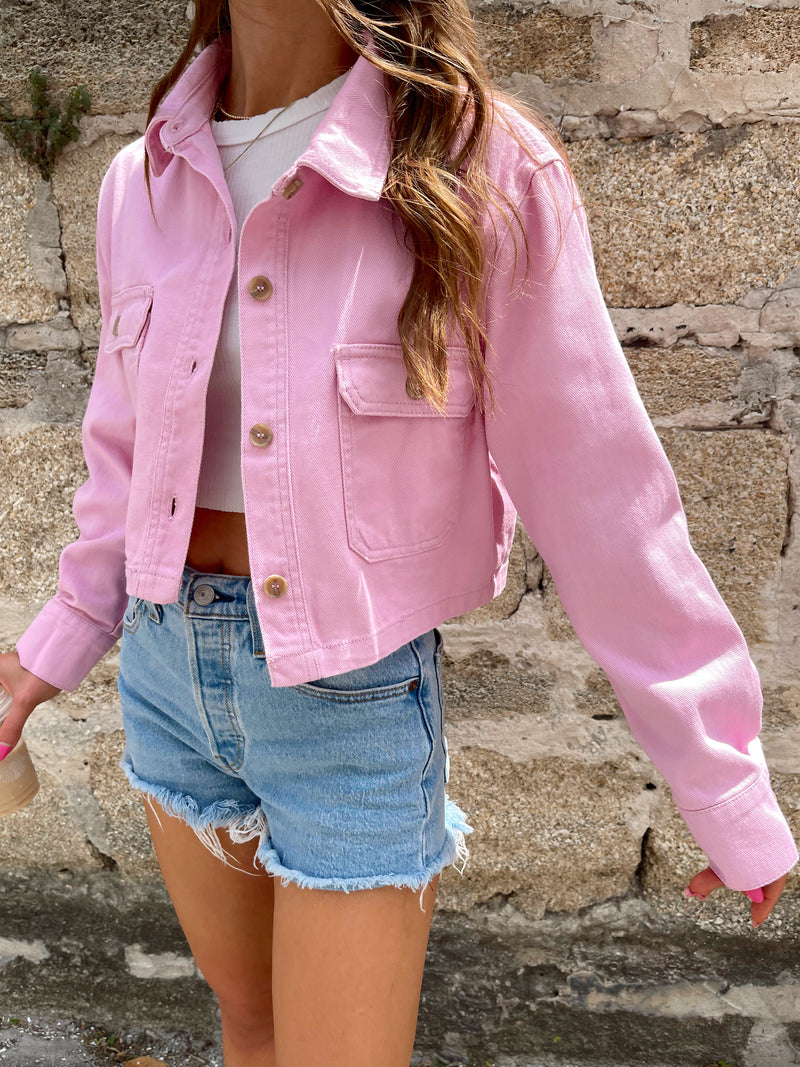 womens pink crop denim jacket