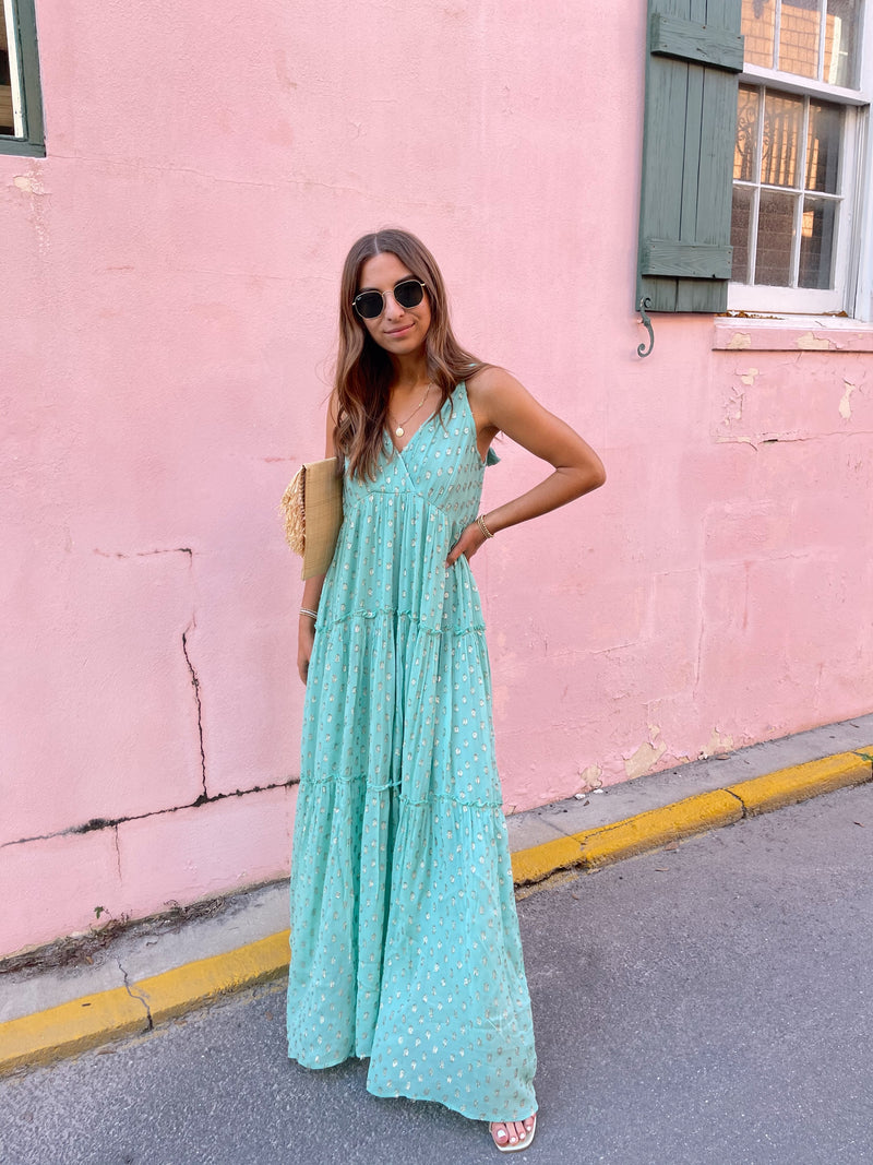 womens gold and green boho maxi dress
