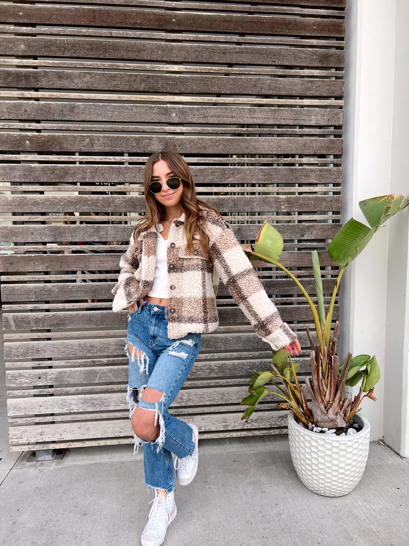 womens brown and taupe plaid teddy jacket
