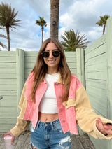 womens pink and beige colorblock corduroy crop jacket