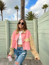 womens pink and beige colorblock corduroy crop jacket