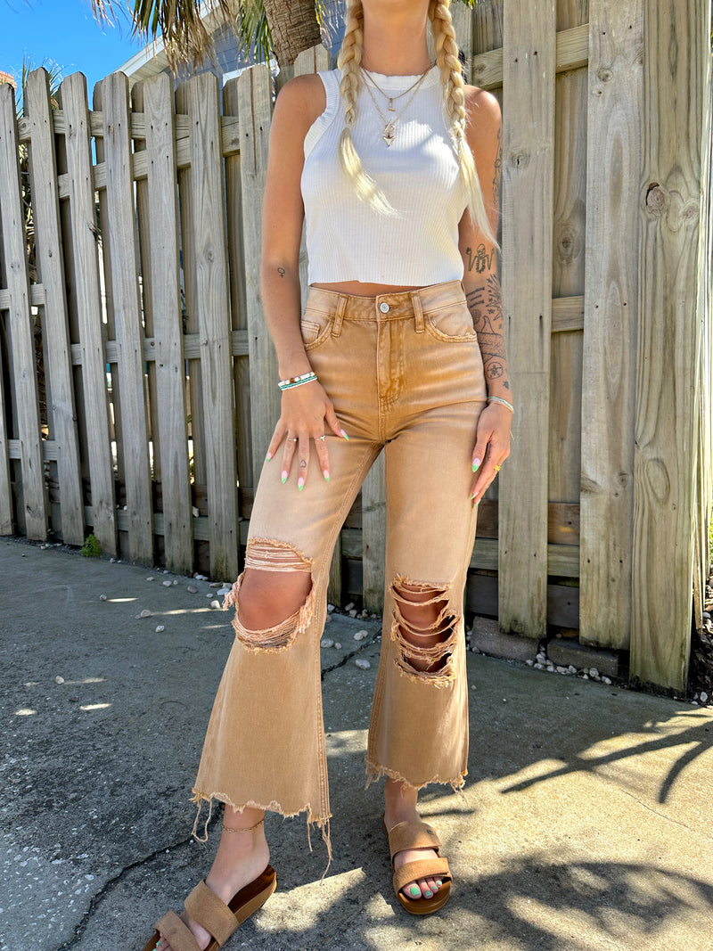 womens tan flared crop distressed jeans