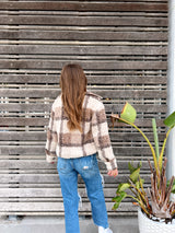 womens brown and taupe plaid teddy jacket