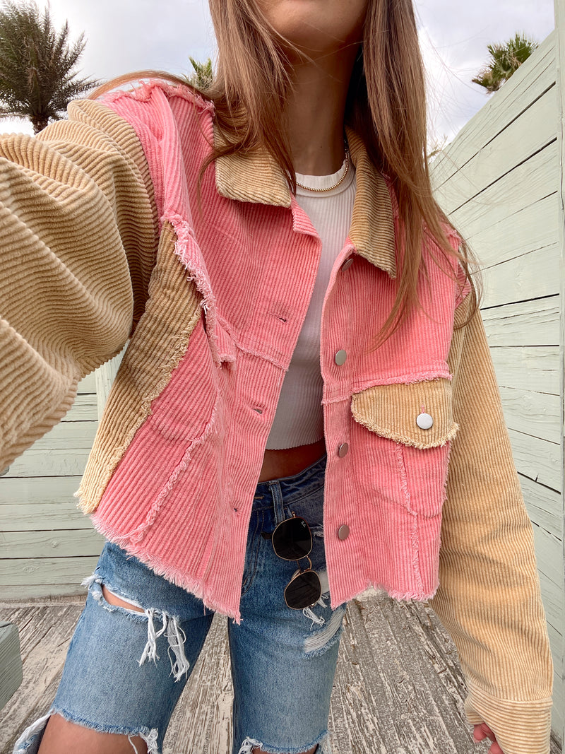 womens pink and beige colorblock corduroy crop jacket