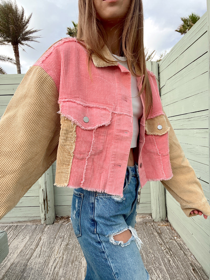 womens pink and beige colorblock corduroy crop jacket