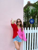 womens pink and red colorblock sweater